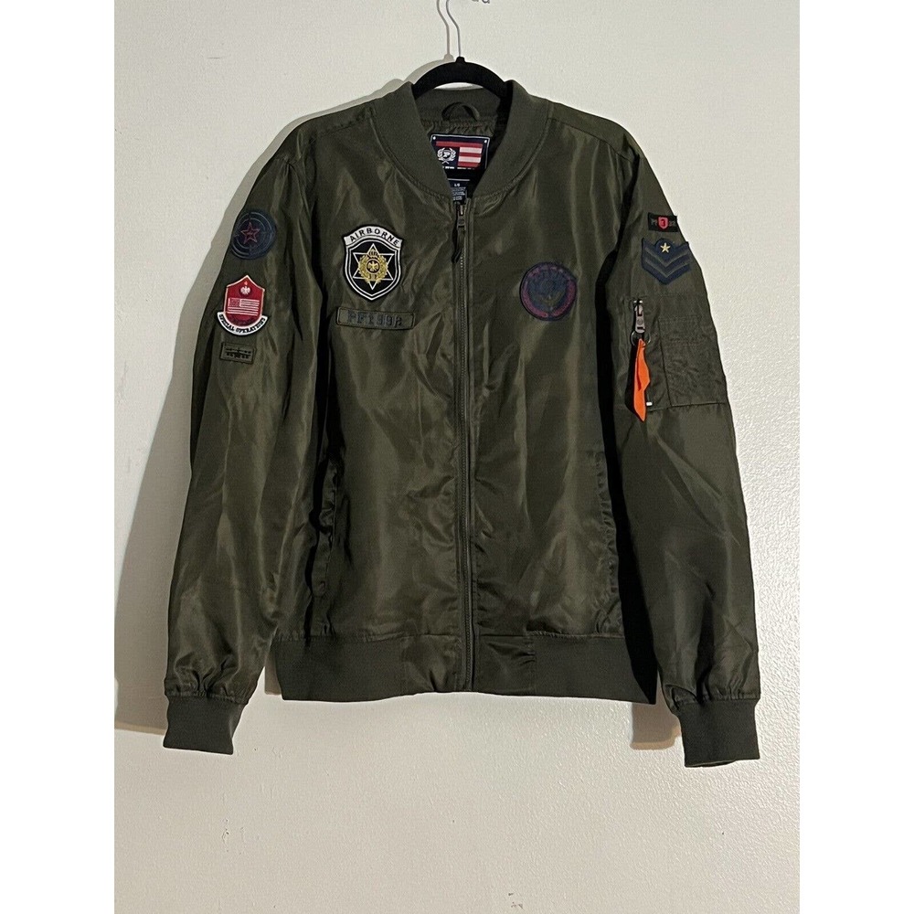 Phat Farm 1992 Army Airborne Patches Green Zip Up Bomber Jacket Sz Large